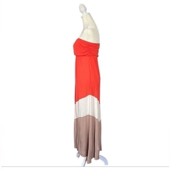 Love Culture Orange & Tan Chevron Color Block Strapless Maxi Summer Dress Medium - Picture 3 of 10